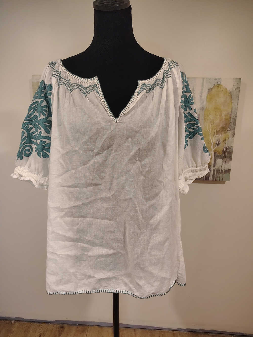 Sundance 100% Cotton White Peasant Blouse with Teal Embroidery